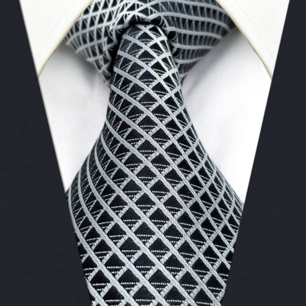 New Black Silver Grey Gray Diamonds Stripe Check Plaid Design 100% SILK TIE